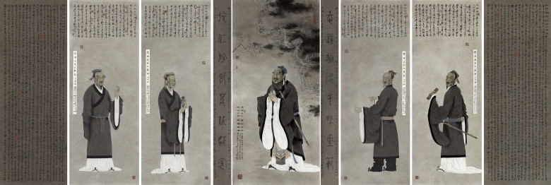 《孔子与四配——孔子、颜子、子思子、曾子、孟子肖像》(第四届杭州中国画双年展签约作品)640x237cm2016年.jpg