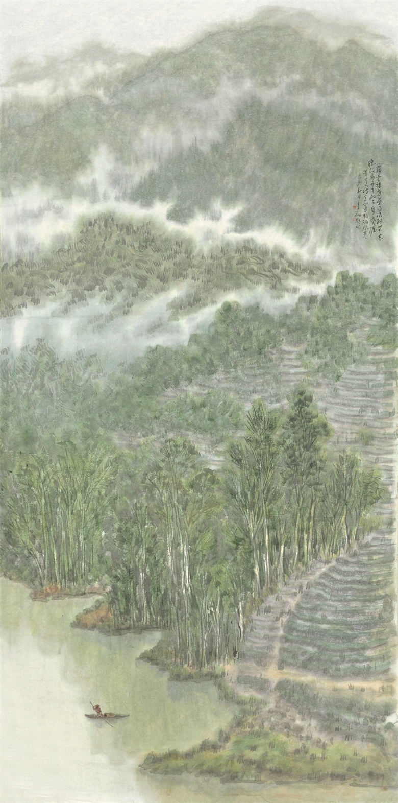 （5）李翔 《雾云疏有叶 雨浪细无花 稳放扁舟去 江天自有涯》 136x68cm 宣纸设色 2019年.jpg