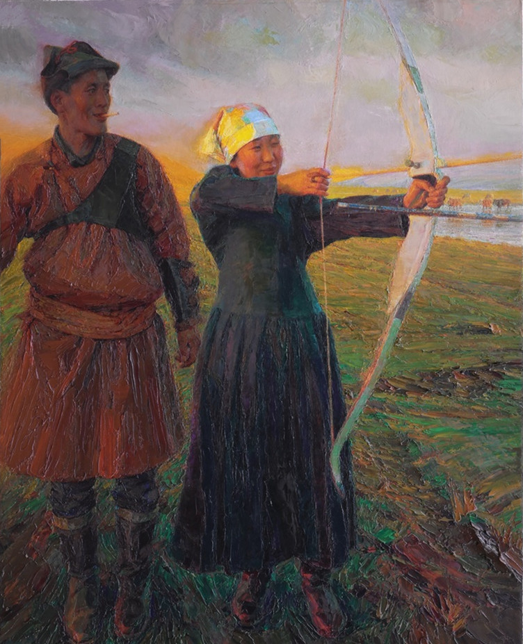 L1011057--2021年 《女射箭手》-布面油画80 x100cm龙力游.JPG