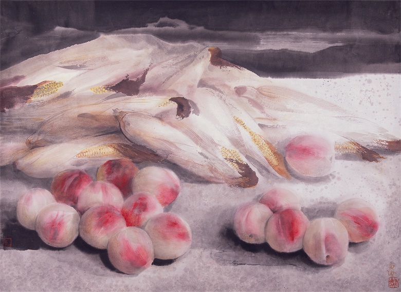 1760581337120493.jpg 《玉米红桃》纸本水墨设色 69cmx90cm 1992年.jpg